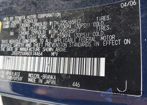 2006 Toyota Highlander Limited V6/Sport V6/V6 из США, поврежденный, VIN JTEEP21A960174464